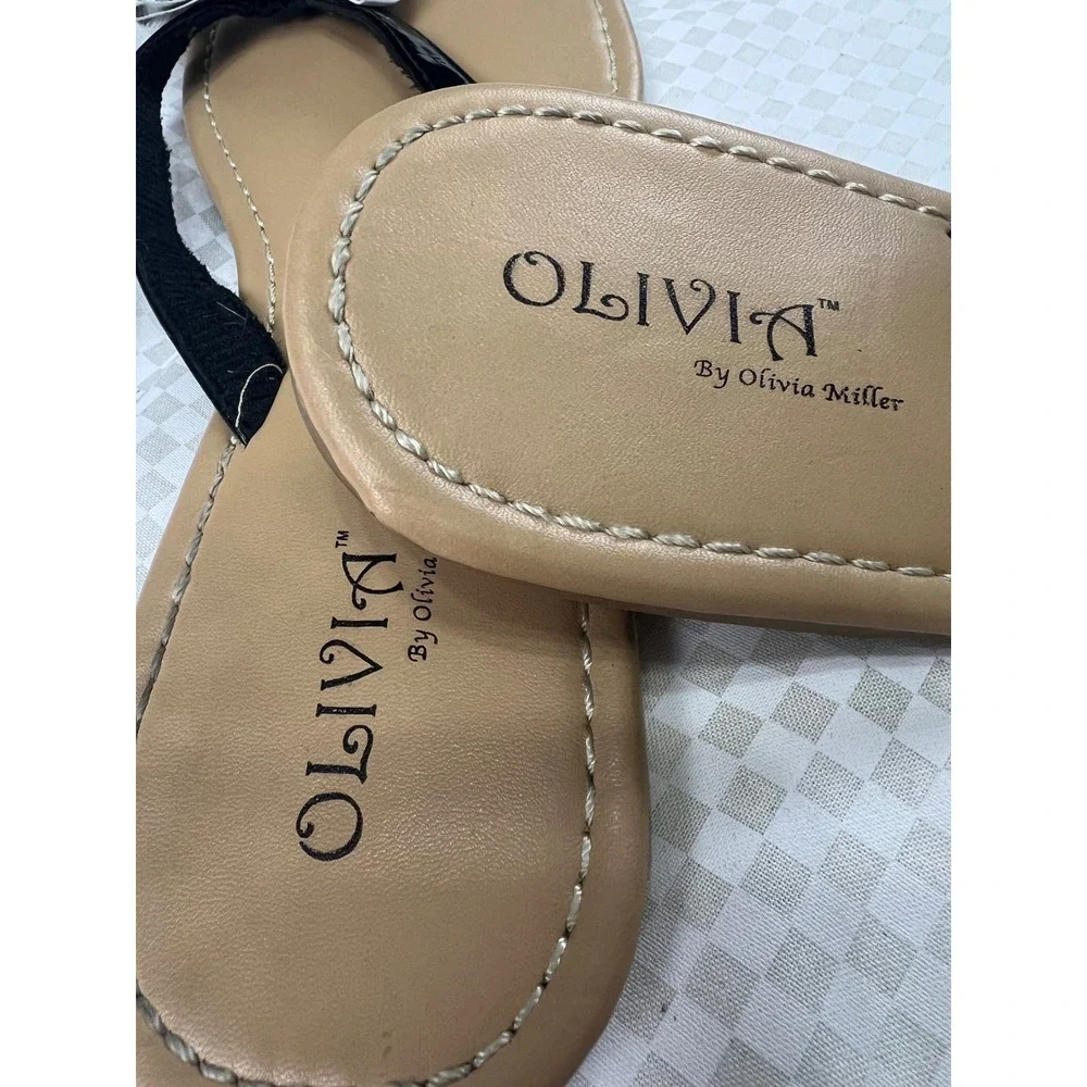 Olivia Miller Womens Flip Flop Sandals Black/White Striped Bow Rhinestone 10‎